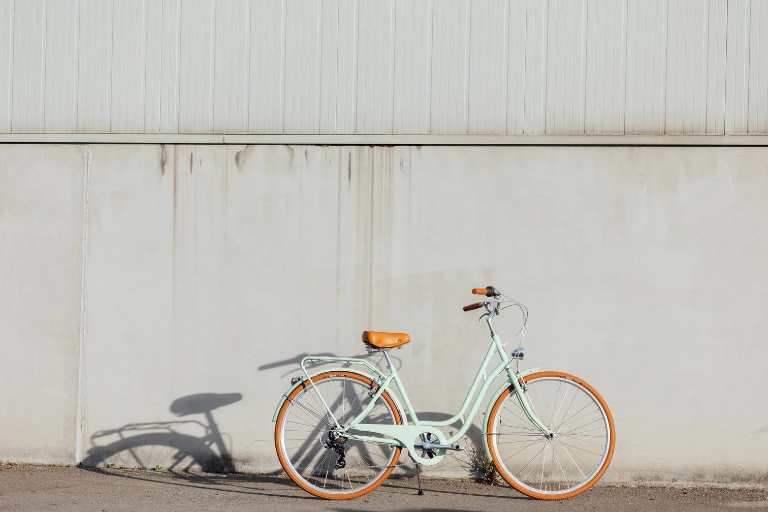 Mintgrünes Damenrad der Marke Capri Berlin mit braunem Ledersattel und braunen Griffen, abgestellt vor einer modernen grauen Fassade.