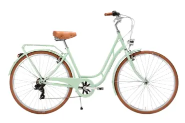 Ein mintgrünes Damenrad der Marke Capri Berlin mit braunem Sattel, braunen Griffen, Gepäckträger und braunen Reifen, isoliert auf weißem Hintergrund.