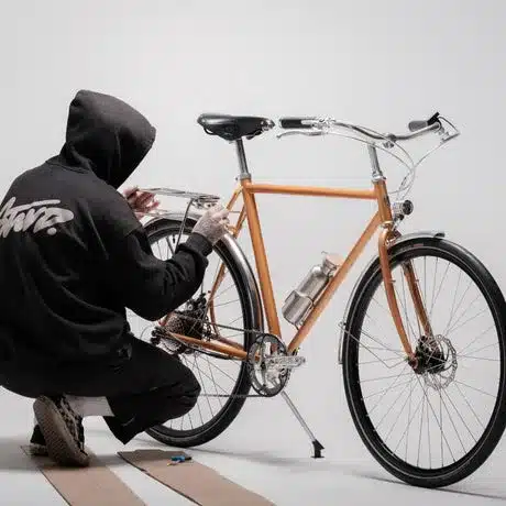 Eine Person mit Kapuzenpullover kniet neben einem orangefarbenen Capri Metz E-Bike und montiert den Gepäckträger.