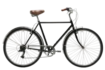 Seitenansicht eines schwarzen Capri Vienna Black Fahrrads mit braunem Ledersattel und silbernen Felgen. Das Fahrrad ist als klassisches Stadtrad konzipiert und zeigt seine 7-Gang-Schaltung sowie V-Bremsen.