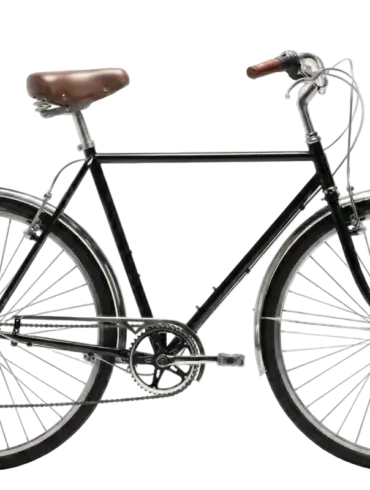 Seitenansicht eines schwarzen Capri Vienna Black Fahrrads mit braunem Ledersattel und silbernen Felgen. Das Fahrrad ist als klassisches Stadtrad konzipiert und zeigt seine 7-Gang-Schaltung sowie V-Bremsen.