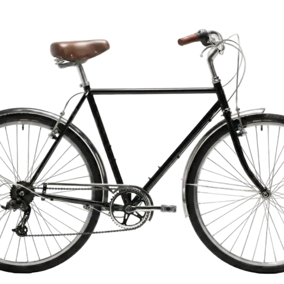 Seitenansicht eines schwarzen Capri Vienna Black Fahrrads mit braunem Ledersattel und silbernen Felgen. Das Fahrrad ist als klassisches Stadtrad konzipiert und zeigt seine 7-Gang-Schaltung sowie V-Bremsen.
