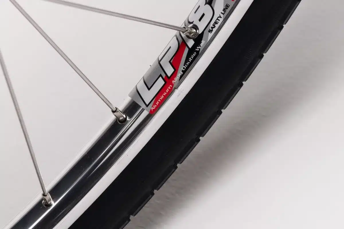 Detailansicht des silbernen Aluminium-Doppelwandfelgen-Laufrads des Fahrrads Capri Vienna Black mit schwarzen Speichen und einem Teil des Reifens.