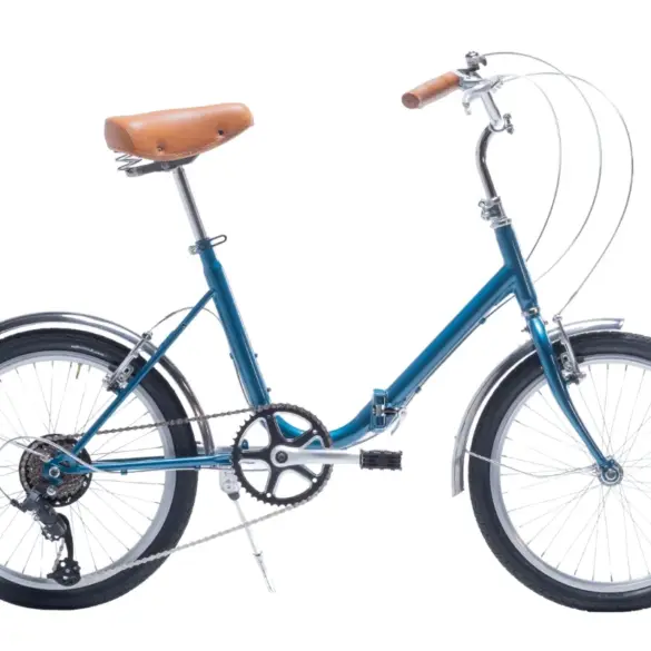 Seitenansicht eines blauen Capri Vita Falt-E-Bikes mit braunem Sattel und braunen Lenkergriffen, freigestellt vor weißem Hintergrund.
