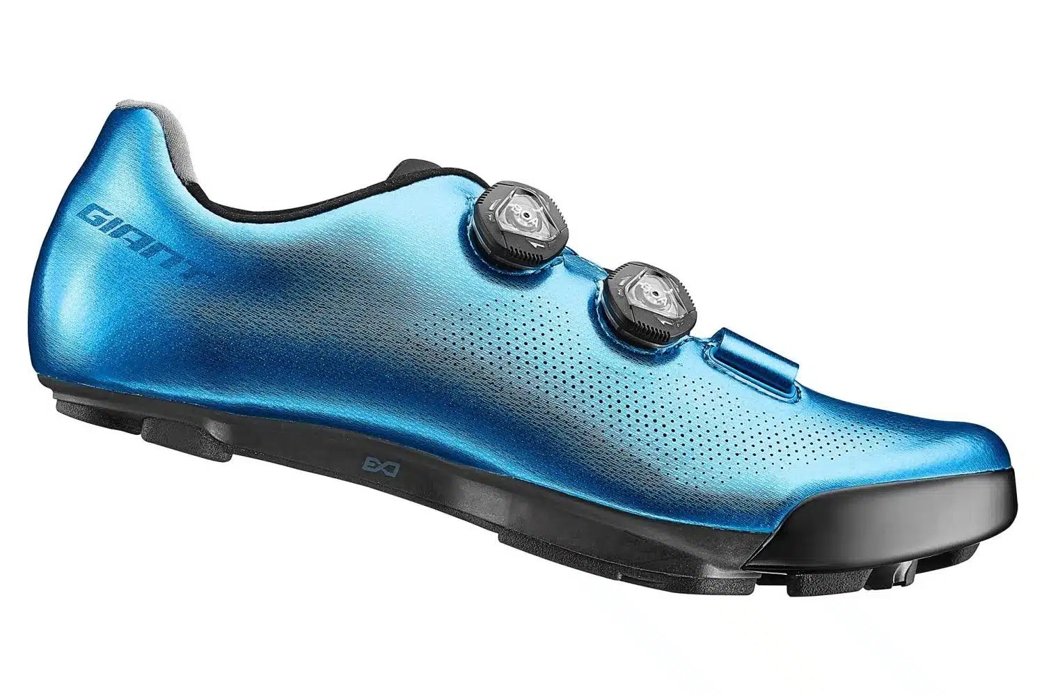 Seitenansicht eines blauen Giant Charge Pro MTB Schuhs mit BOA-Verschlüssen und Klettband.