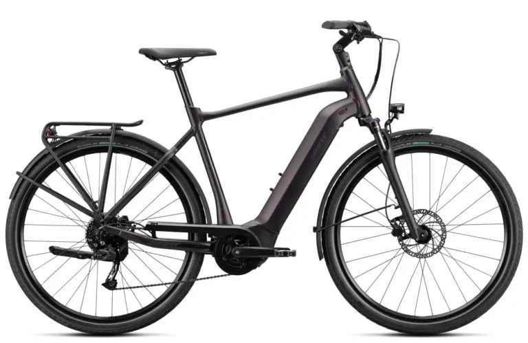Graues Giant DailyTour E+ 3 Trekking-E-Bike mit Shimanoschaltung und hydraulischen Scheibenbremsen.
