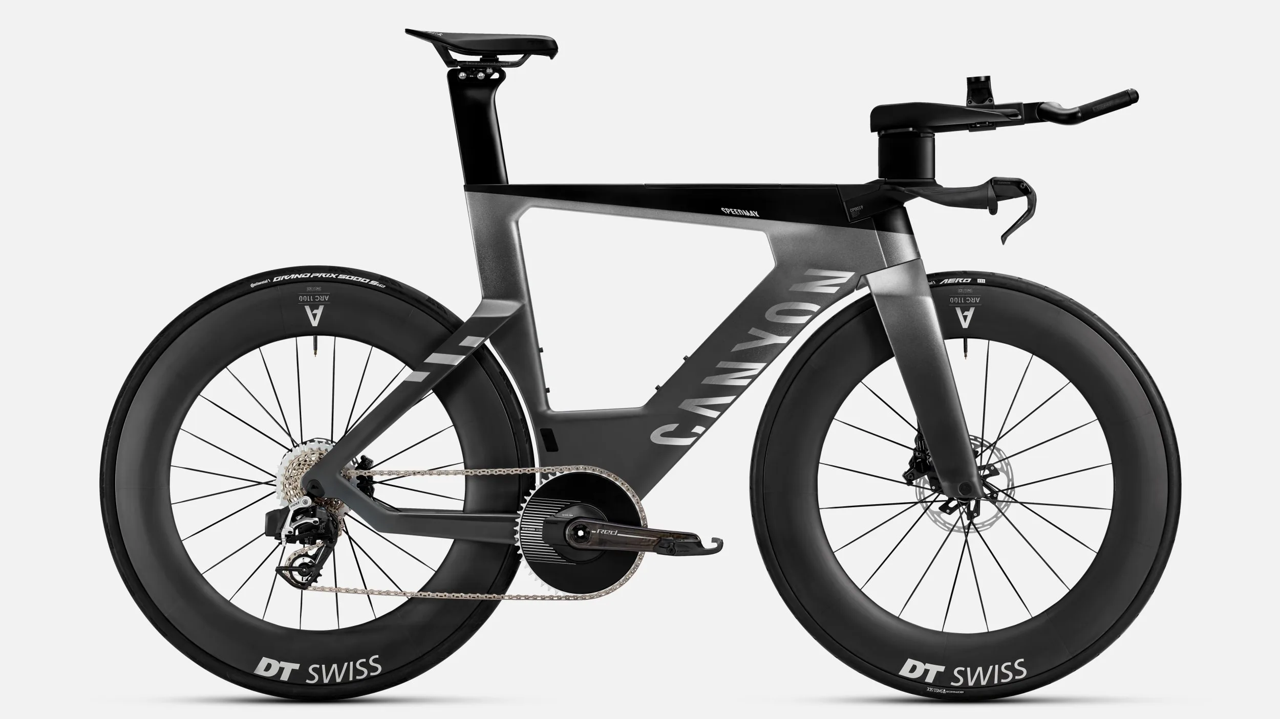 Aerodynamisches Canyon Speedmax CFR 1by AXS Triathlonrad in Vapor Black mit DT Swiss Carbon-Laufrädern und SRAM Red AXS.