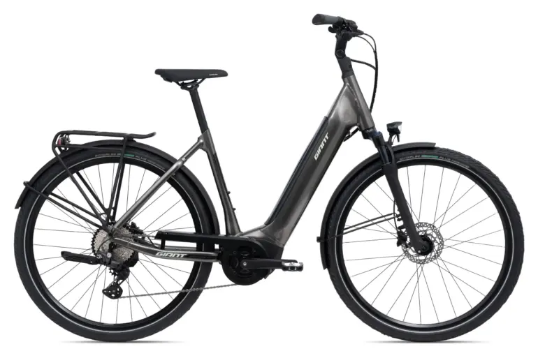 Graues Giant DailyTour E+ 2 D LDS Trekking E-Bike von vorne links.