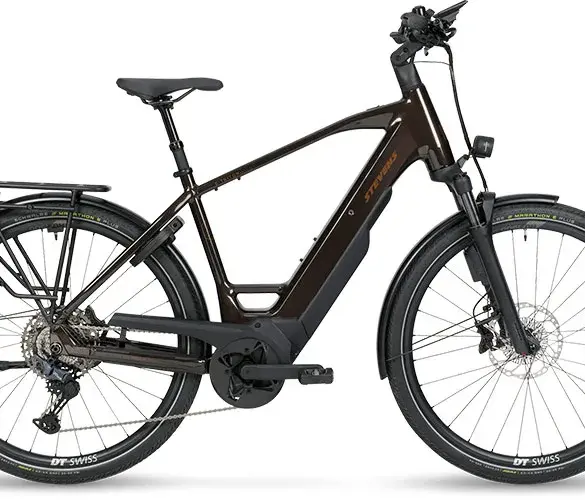 Seitenansicht eines braunen Stevens E-Triton 8.8.1 Plus Trekking-E-Bikes mit schwarzem Gepäckträger, Federgabel und breiten Reifen.