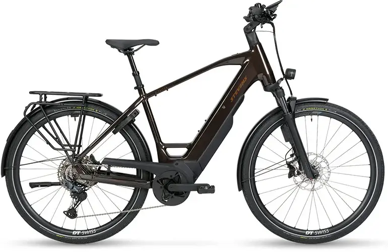 Seitenansicht eines braunen Stevens E-Triton 8.8.1 Plus Trekking-E-Bikes mit schwarzem Gepäckträger, Federgabel und breiten Reifen.