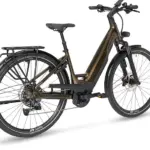 Das E-Triton 8.8.1 Plus ist ein braunes E-Trekkingrad mit Gepäckträger, Schutzblechen und einer vollständigen Beleuchtung.