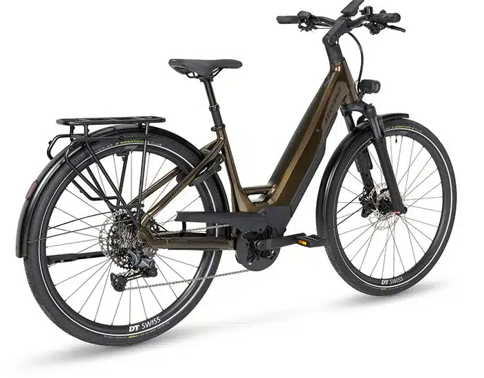 Das E-Triton 8.8.1 Plus ist ein braunes E-Trekkingrad mit Gepäckträger, Schutzblechen und einer vollständigen Beleuchtung.