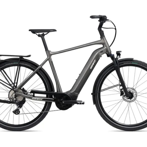 Graues Giant DailyTour E+ 2 D GTS E-Bike mit Gepäckträger, Schutzblechen und integriertem Akku, von vorne leicht seitlich aufgenommen.