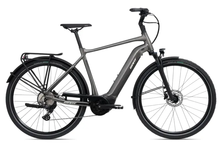 Graues Giant DailyTour E+ 2 D GTS E-Bike mit Gepäckträger, Schutzblechen und integriertem Akku, von vorne leicht seitlich aufgenommen.