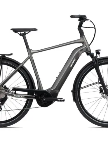Graues Giant DailyTour E+ 2 D GTS E-Bike mit Gepäckträger und Schutzblechen, isoliert vor weißem Hintergrund.