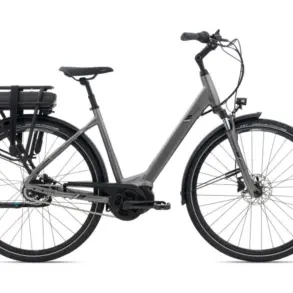 Graues Giant Entour E+ 0 E-City-Bike mit Gepäckträger und tiefem Einstieg, isoliert vor weißem Hintergrund.