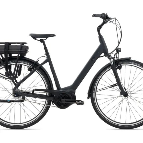 Seitenansicht eines mattschwarzen Giant Entour E+ 1 RT E-Bikes mit Gepäckträger und Akku.