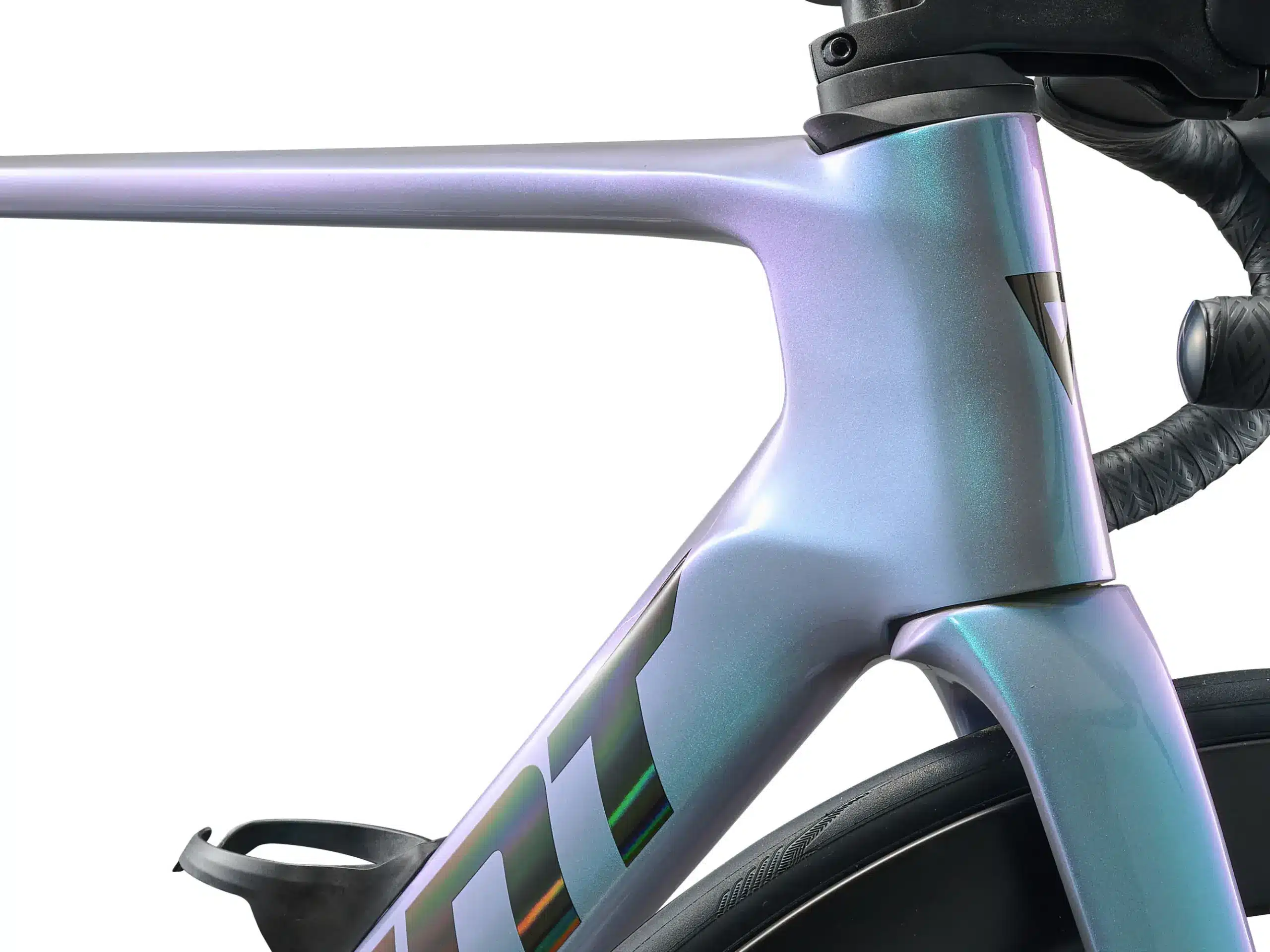 Detail des vorderen Rahmens eines Giant Propel Advanced Pro 0 AXS Rennrads mit irisierender Lackierung, integriertem Lenker und Gabelschaft.