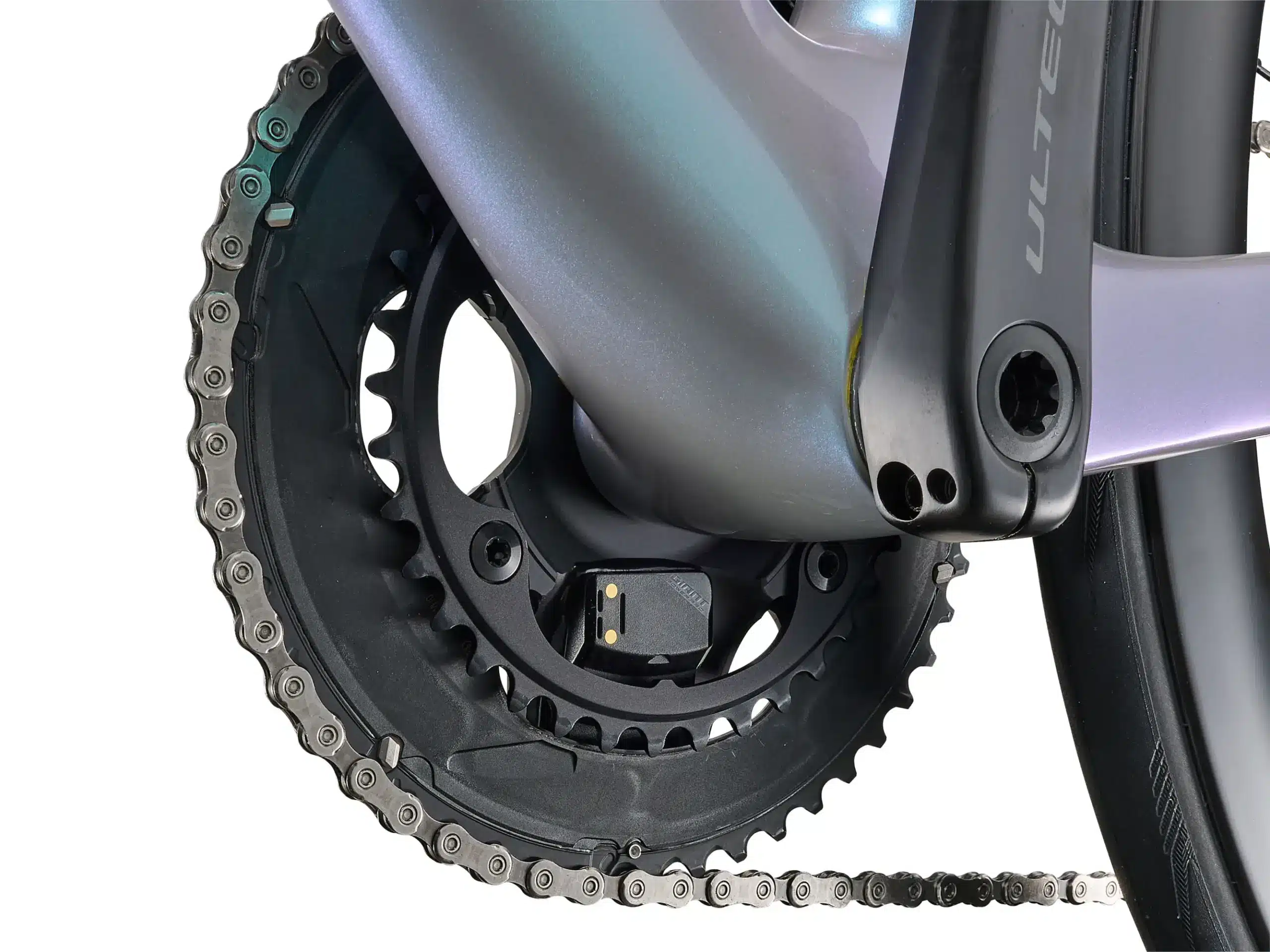 Nahaufnahme der Kurbelgarnitur mit integriertem Giant Power Pro Powermeter, Kettenblatt und Kette eines Giant Propel Advanced Pro 0 Di2 Rennrads.