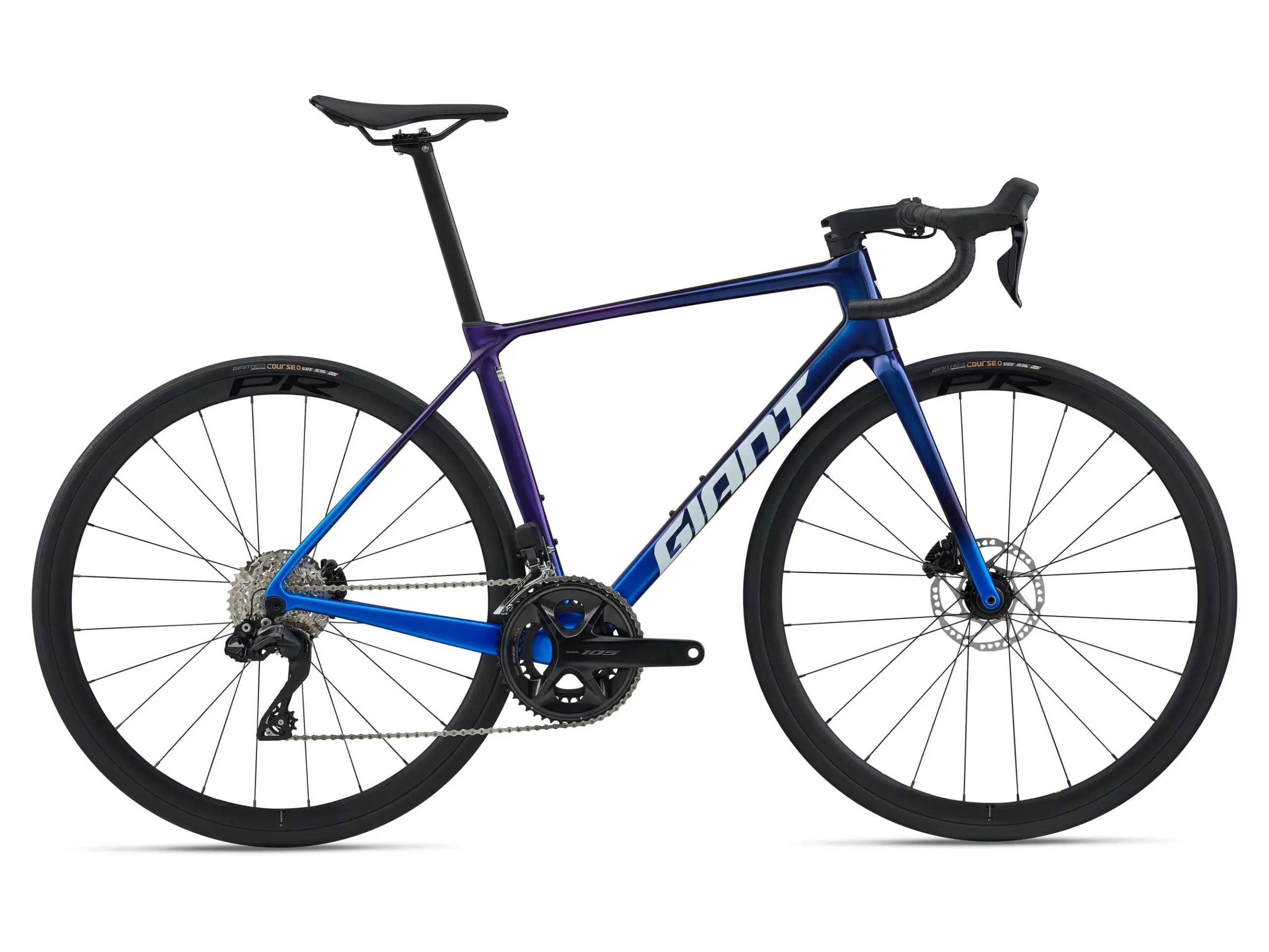 Seitenansicht eines Giant TCR Advanced 1 Rennrads mit blau-violetter Farbverlauf-Lackierung, Carbonrahmen, aerodynamischem Cockpit und schlanken Laufrädern.
