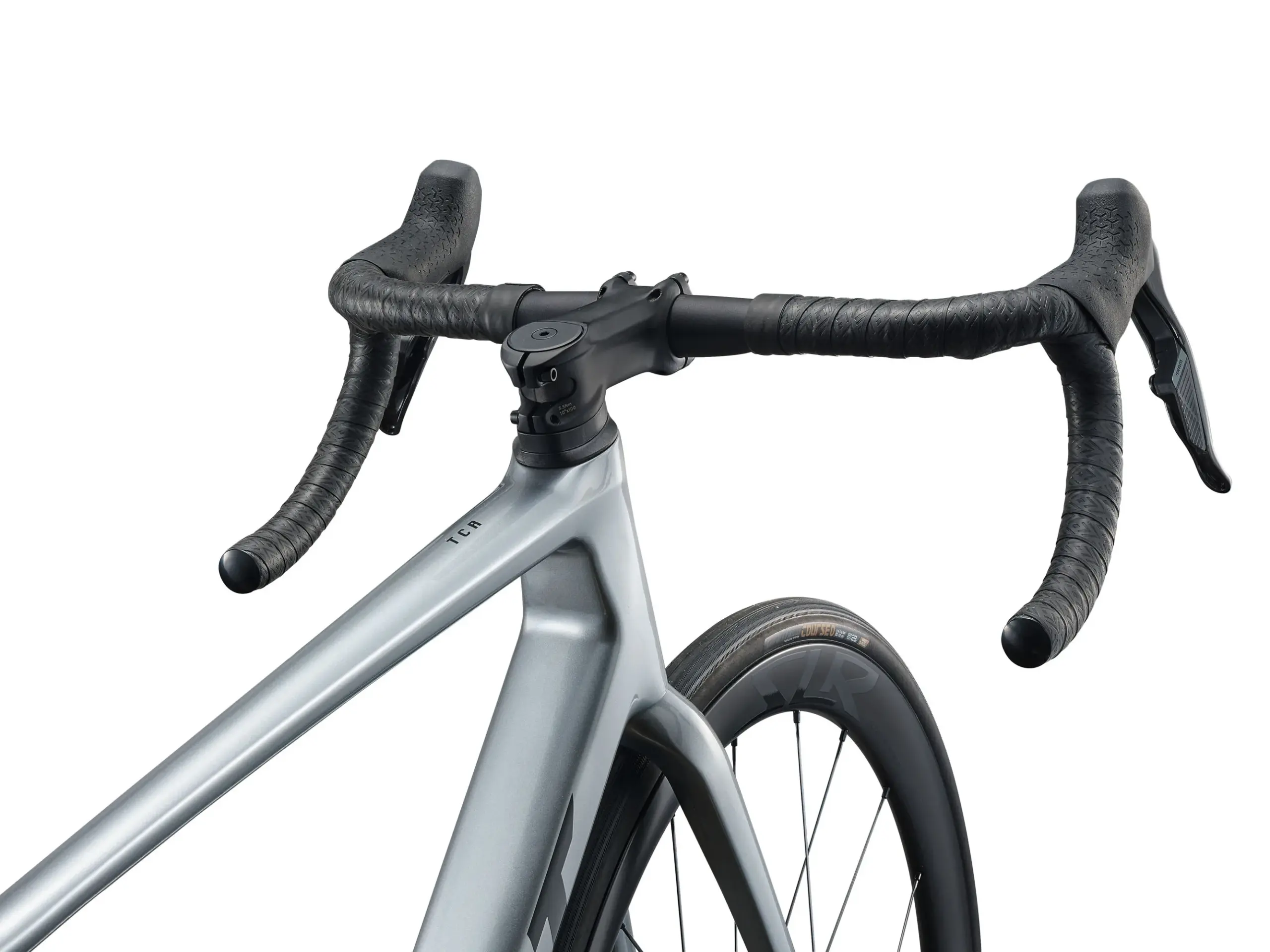 Detailansicht des vorderen Rahmens und Lenkers eines grauen Giant TCR Advanced Pro 1 AXS Rennrads.