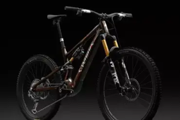 Seitenansicht eines dunkelbraunen Specialized Turbo Levo SL 2 Expert E-Mountainbikes mit schwarzem Hintergrund.