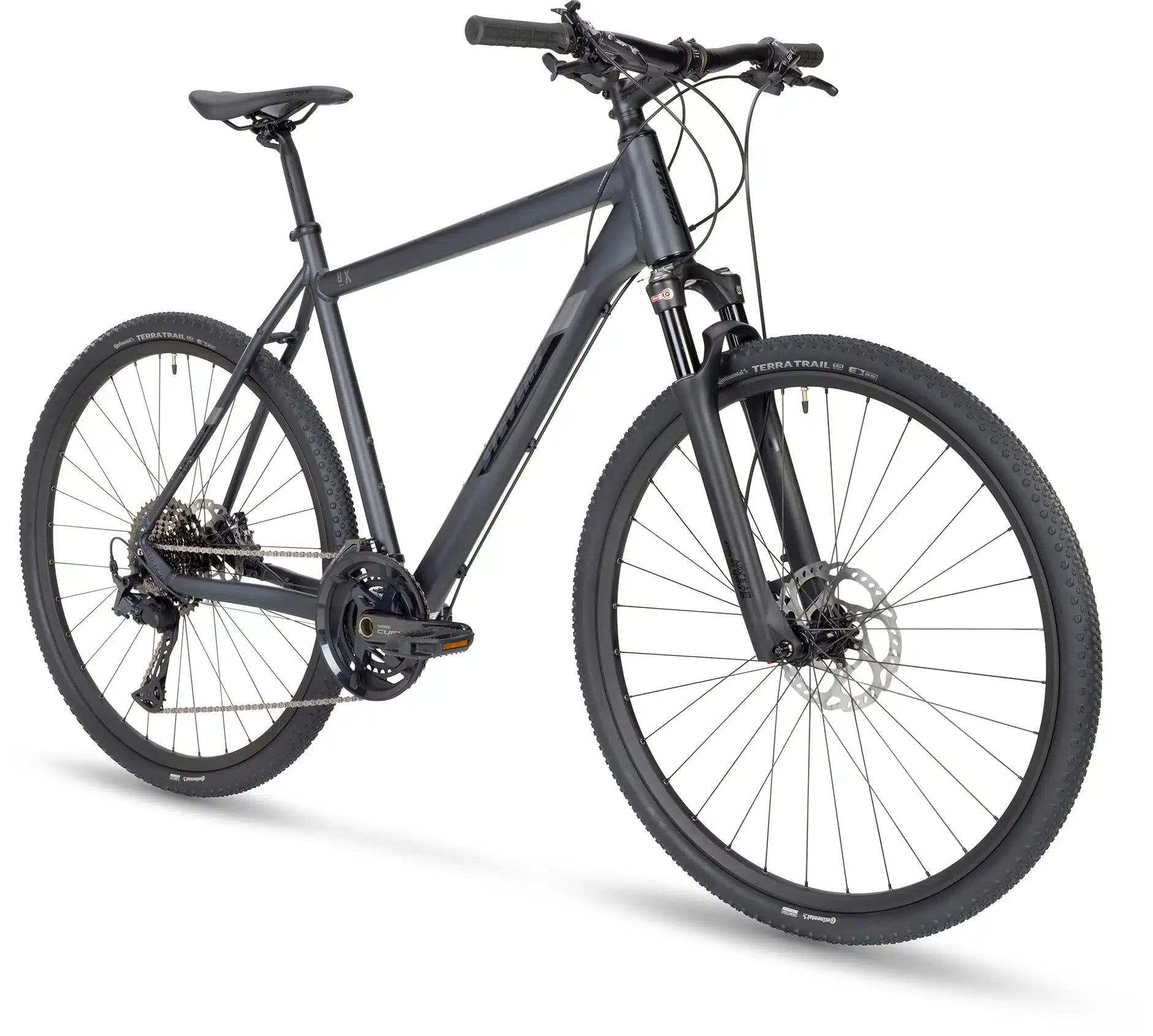 Graues STEVENS 8X HT Fahrrad mit schwarzem Rahmen, Federgabel, Scheibenbremsen und Continental Terra Trail Reifen. Das Rad ist für schnelles Fahren auf Asphalt und Schotter ausgelegt.
