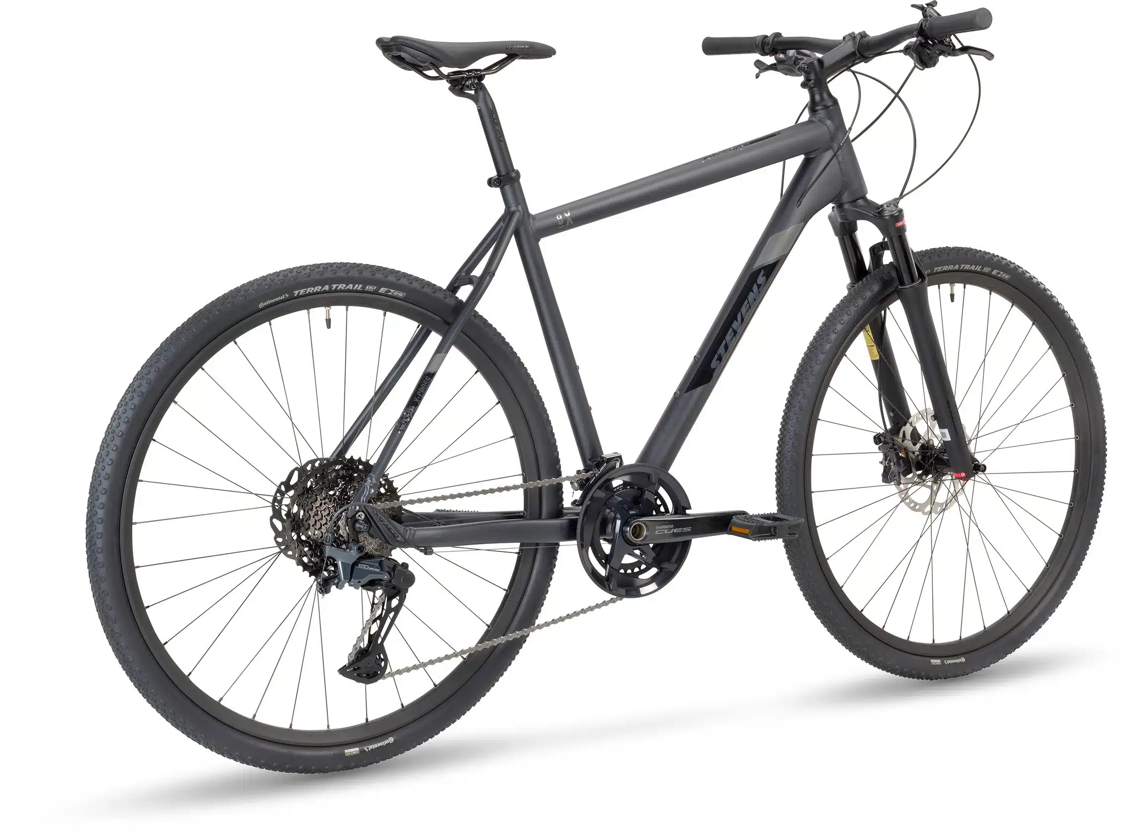 Seitenansicht eines STEVENS 8X HT Fahrrads in Phantom Black mit Fokus auf Rahmen, Räder und Komponenten.