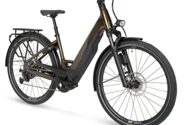 Ein Stevens E-Triton 8.8.1 Plus Forma Touren-E-Bike in Smoked Oak Brown mit tiefem Einstieg, ausgestattet mit Bosch Performance Line PX Antrieb, 800-Wh-Akku, Racktime-Gepäckträger und Supernova-Lichtanlage.