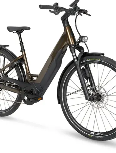 Ein Stevens E-Triton 8.8.1 Plus Forma Touren-E-Bike in Smoked Oak Brown mit tiefem Einstieg, ausgestattet mit Bosch Performance Line PX Antrieb, 800-Wh-Akku, Racktime-Gepäckträger und Supernova-Lichtanlage.