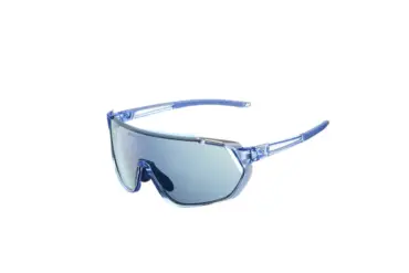 Eine blaue, halb-randlose Giant Agos Sportbrille mit spiegelnden VividVis Gläsern, auf weißem Hintergrund.