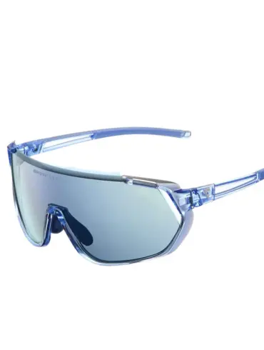 Eine blaue, halb-randlose Giant Agos Sportbrille mit spiegelnden VividVis Gläsern, auf weißem Hintergrund.