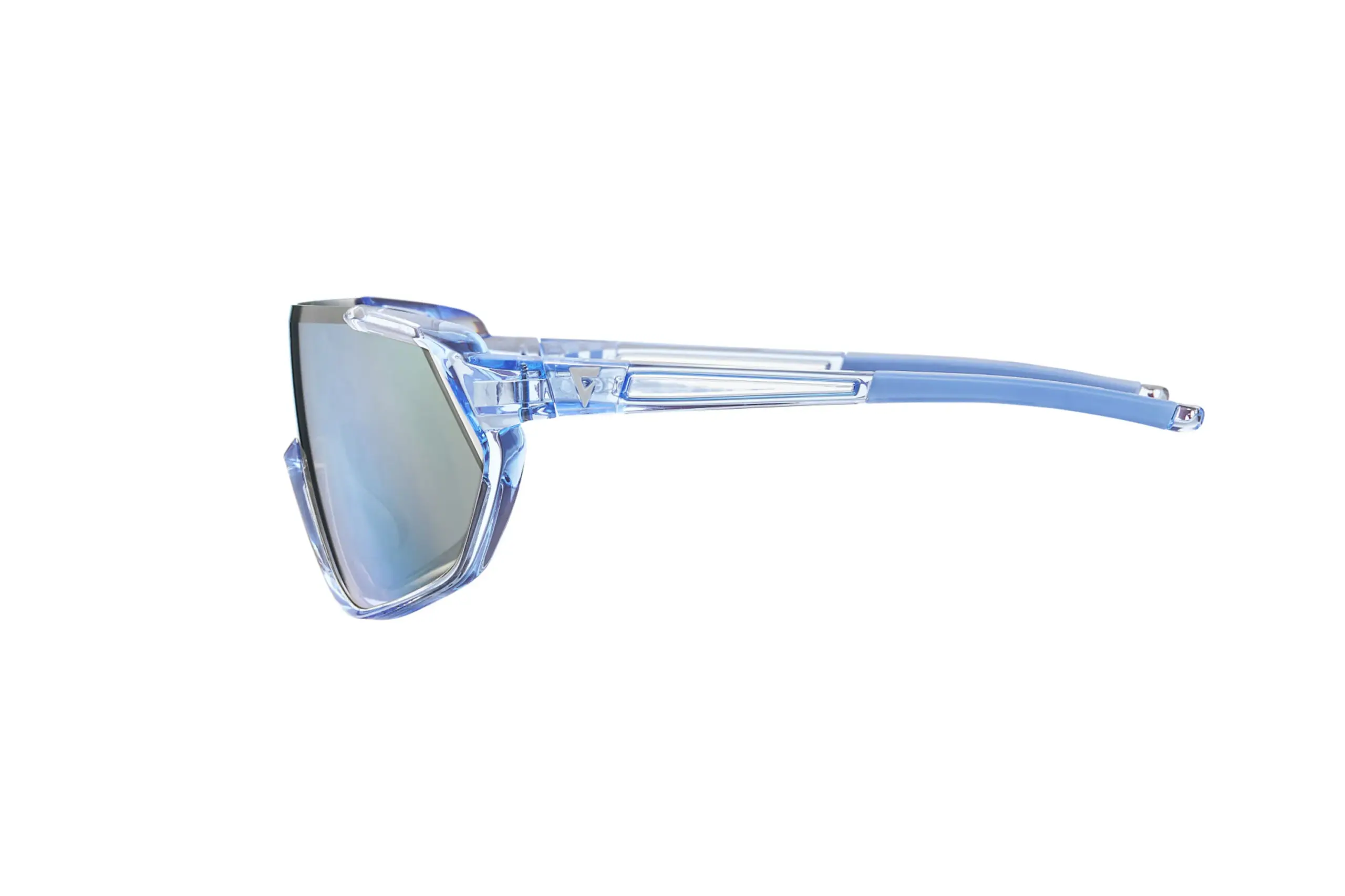 Nahaufnahme einer blauen Giant Agos Sportbrille mit verspiegeltem Glas, von der Seite betrachtet.