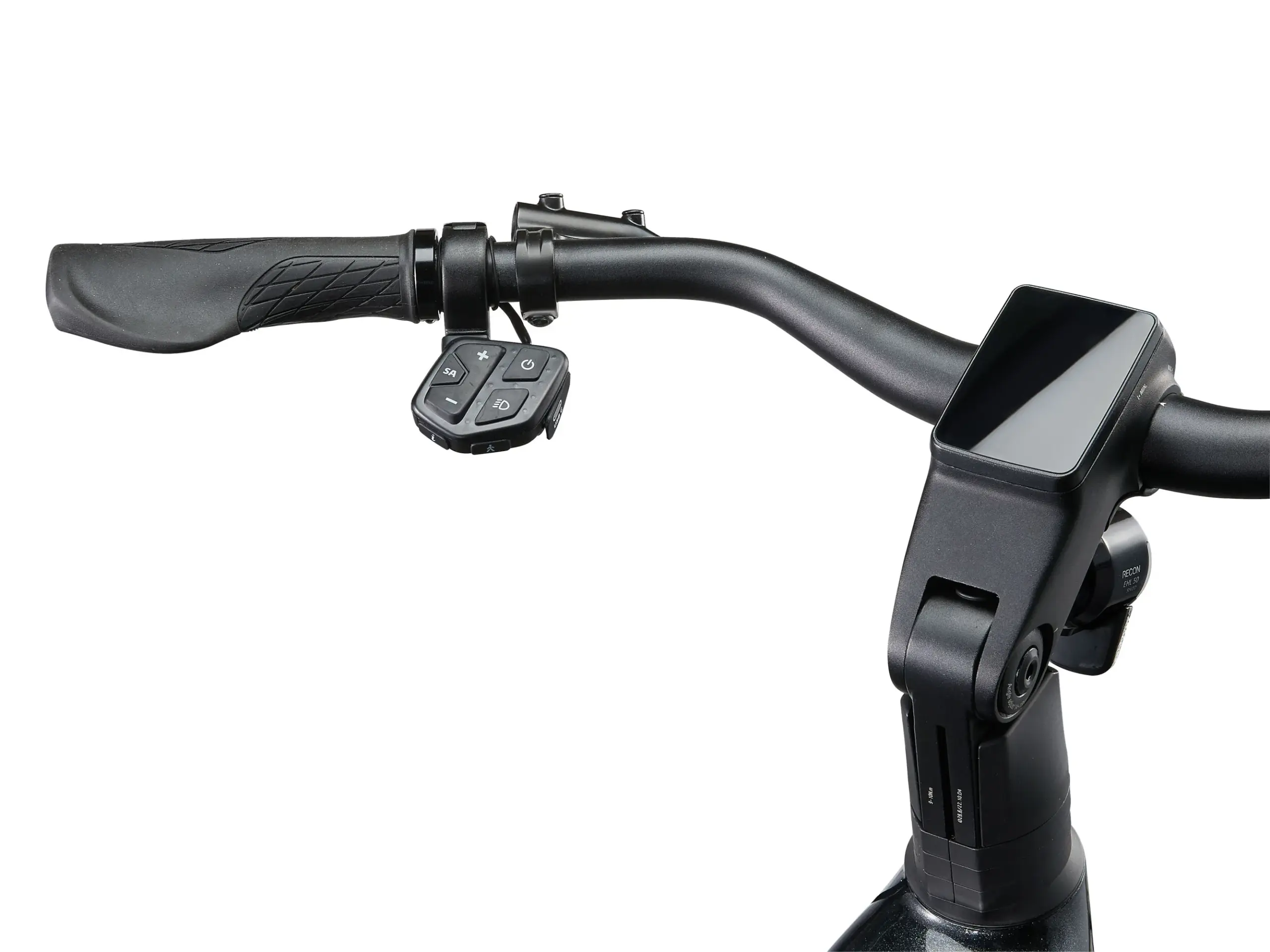 Nahaufnahme des E-Bike-Cockpits mit Lenker, integriertem Farbdisplay und Bedieneinheit
