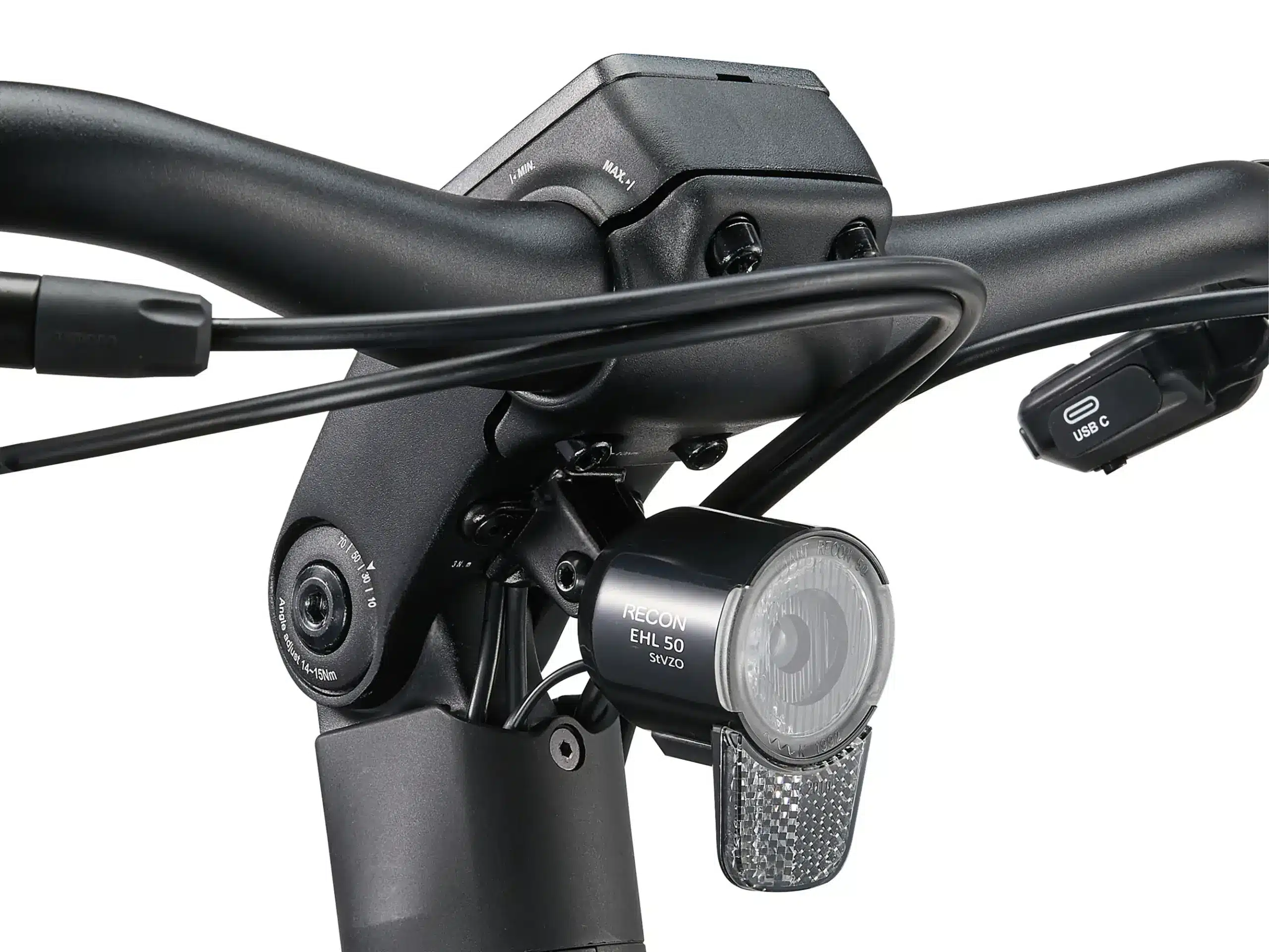 Nahaufnahme des Lenkers eines Giant AnyTour E+ 3 RT E-Bikes mit einem integrierten Scheinwerfer (RECON EHL 50), USB-C-Anschluss und Shimanoschaltgriff.