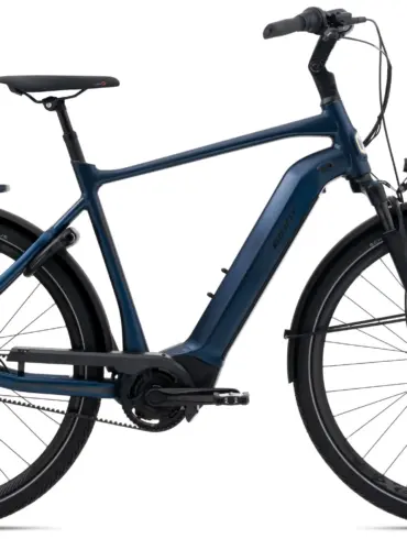 Ein blaues Giant DailyTour E+ 1 BD GTS E-Bike mit Gepäckträger, Schutzblechen und Nabenschaltung.