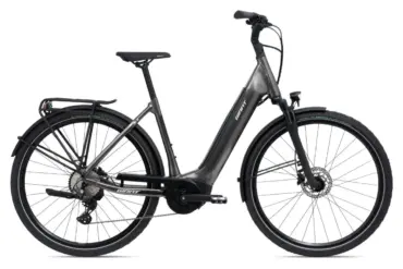 Graues Giant DailyTour E+ 2 D | RC Dash LDS 2022 E-Bike mit Gepäckträger und Federgabel.