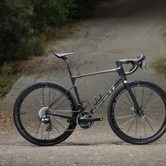 Giant Defy Advanced SL 0 Endurance-Rennrad in dunklem Grau, das seitlich auf einer Straße steht, umgeben von Bäumen und Laub.