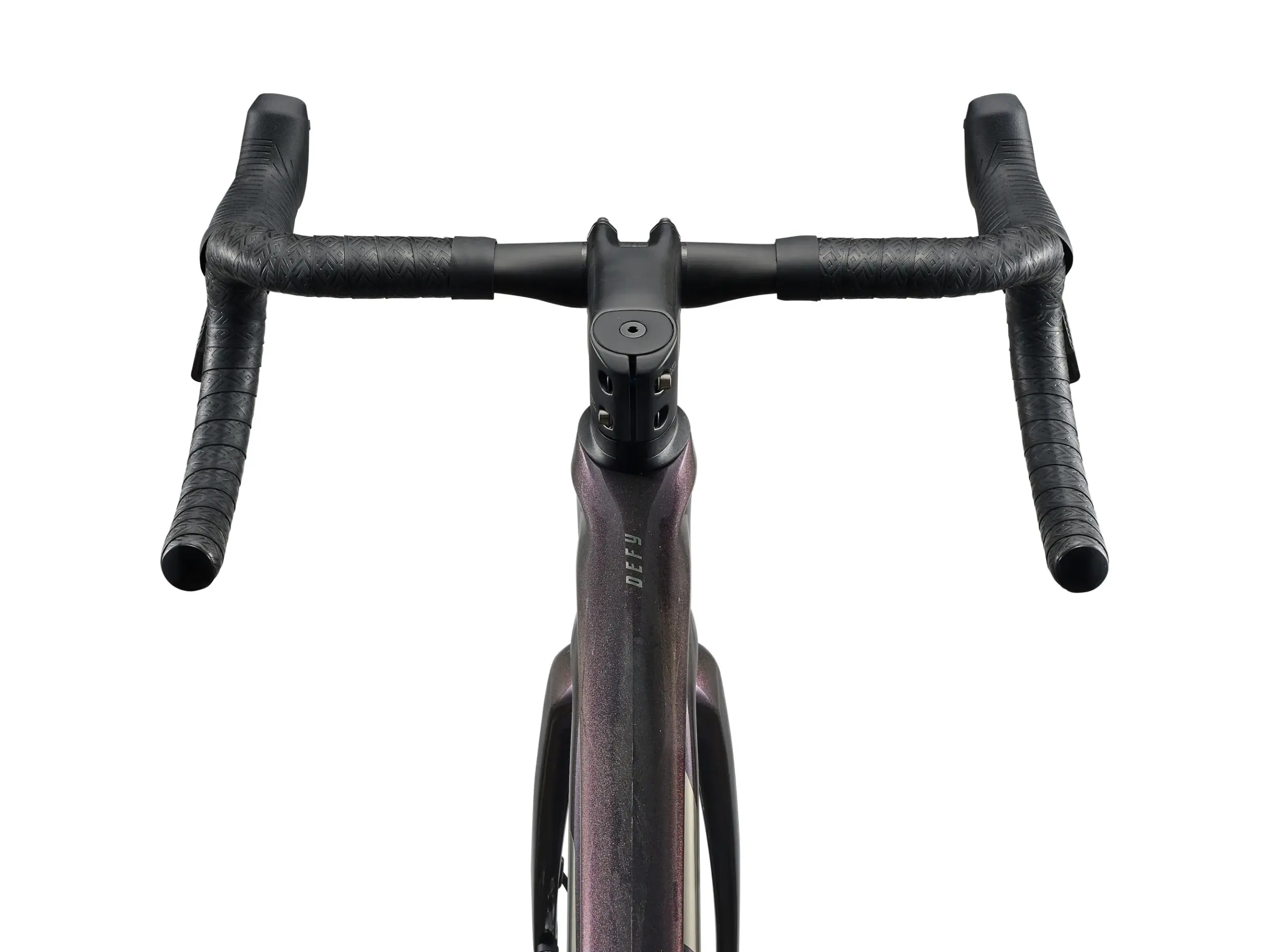 Nahaufnahme des schwarzen Lenkers und Vorbaus mit Lenkerband des Giant Defy Advanced SL 0 Endurance-Rennrads.