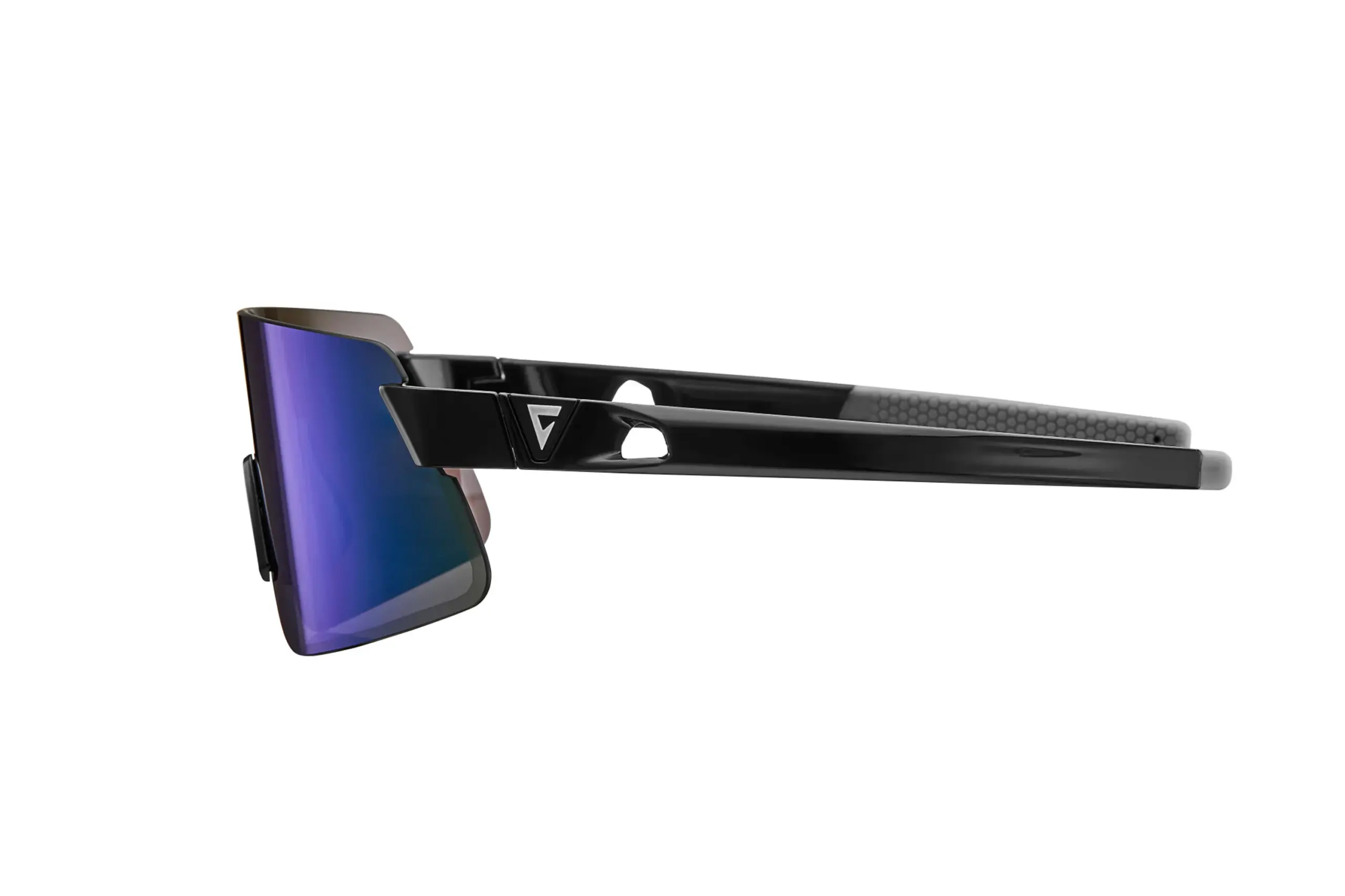 Nahaufnahme der Giant Helio Sonnenbrille, seitliche Ansicht, mit schwarzen Rahmen und blauen verspiegelten Gläsern.