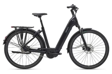 Schwarz lackiertes Giant NewTour E+ 2 LST E-Bike mit Federgabel, Nabenschaltung und Gepäckträger.