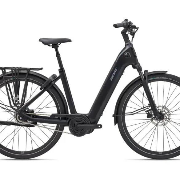 Schwarz lackiertes Giant NewTour E+ 2 LST E-Bike mit Federgabel, Nabenschaltung und Gepäckträger.