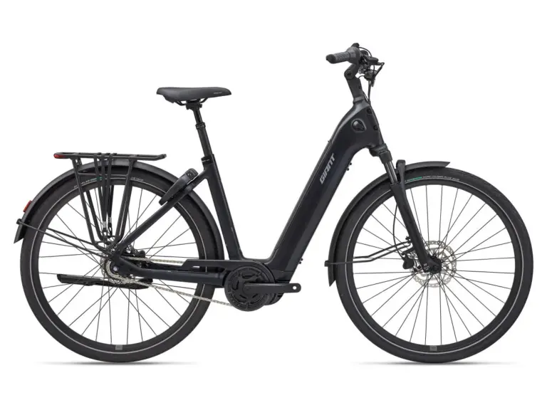 Schwarz lackiertes Giant NewTour E+ 2 LST E-Bike mit Federgabel, Nabenschaltung und Gepäckträger.