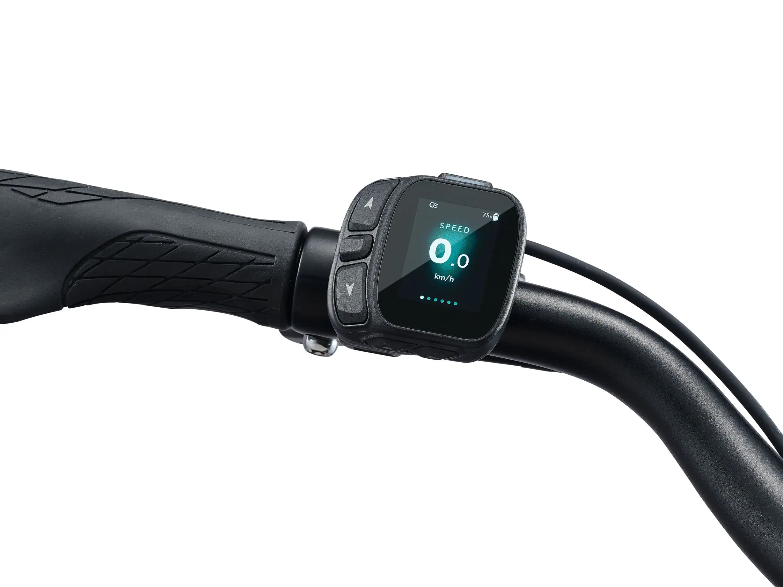 Detailaufnahme des digitalen Displays eines Giant NewTour E+ 2 LST E-Bikes mit angezeigter Geschwindigkeit von 0.0 km/h und Akkustand von 75%.