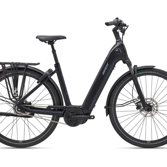 Giant NewTour E+ 2 LST E-Citybike in Schwarz, im Profil gezeigt, mit Gepäckträger, Schutzblechen und Federgabel.