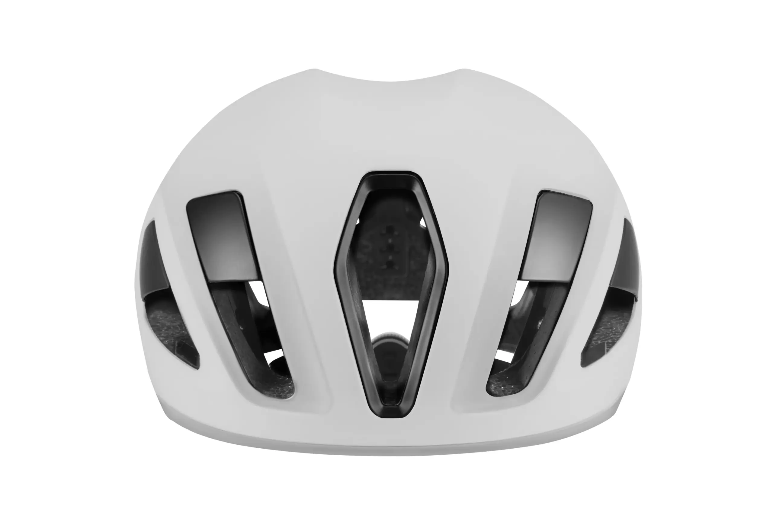 Weißer Aero-Rennradhelm mit schwarzen Belüftungsöffnungen, von oben gesehen.