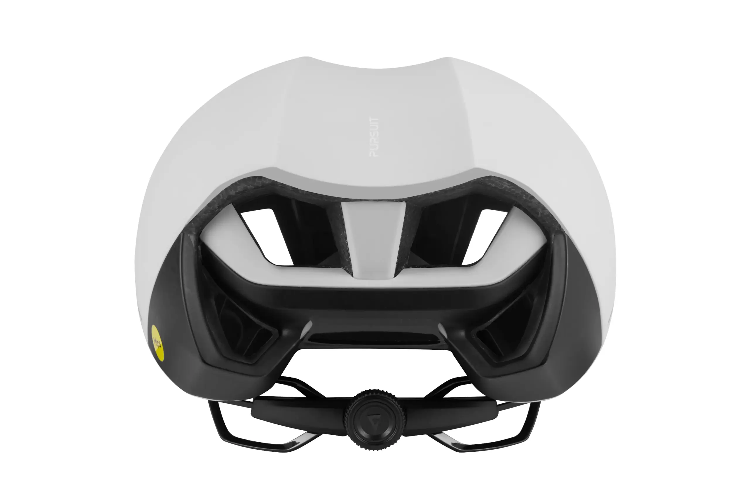 Rückansicht eines weißen und schwarzen Giant Pursuit Aero Fahrradhelms mit Mips-Technologie, Fokus auf Lüftungsöffnungen und Verstellsystem.