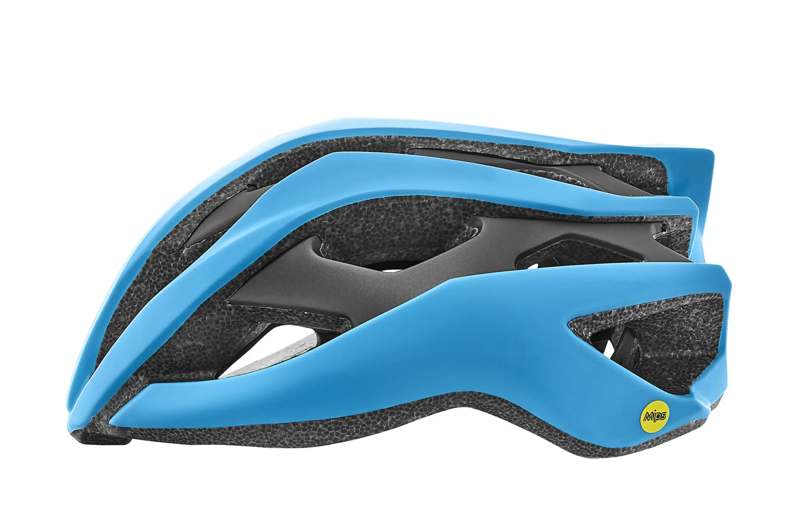 Seitenansicht des blauen Giant Rev MIPS Helms mit seinen aerodynamischen Linien und Belüftungsöffnungen.