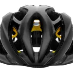 Oberansicht eines schwarzen Giant Rev MIPS Fahrradhelms mit gelben Akzenten und Belüftungsöffnungen, isoliert vor weißem Hintergrund.