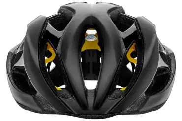 Oberansicht eines schwarzen Giant Rev MIPS Fahrradhelms mit gelben Akzenten und Belüftungsöffnungen, isoliert vor weißem Hintergrund.